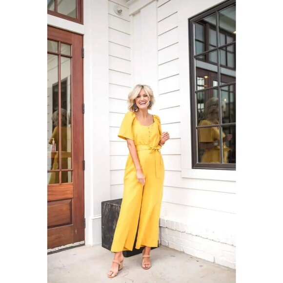 Ann Taylor Lyocell Linen Blend Wide Leg Jumpsuit Belted Buttons Solid Yellow 10 - Picture 1 of 8
